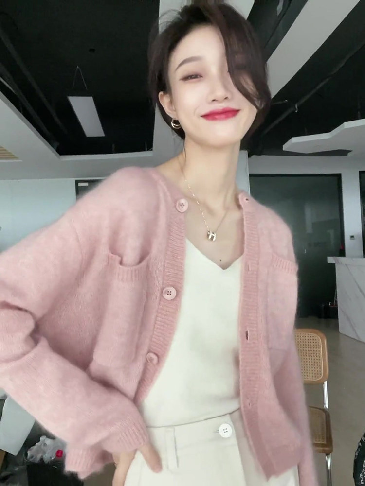 초가을 시크한 상의 젠틀하고 게으른 푸푸 핑크색 스웨터 재킷 디자인 틈새 여성 니트 가디건