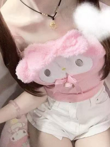 自带胸垫~原创设计新款超甜KT猫肩带可调节棉短款吊带背心上衣