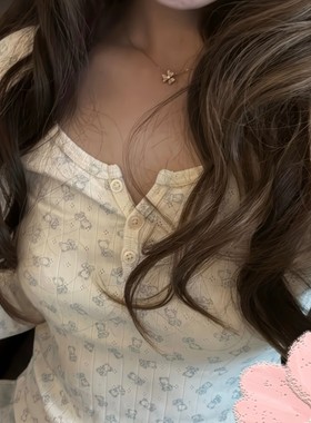 秋冬纯棉少女兔子甜美碎花小熊印花打底新款长袖T恤修身上衣显瘦