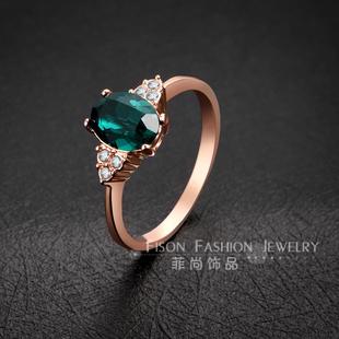 设计感蓝水晶女戒指复古祖母绿玫瑰金椭圆鸽子蛋酒红宝石装饰指环