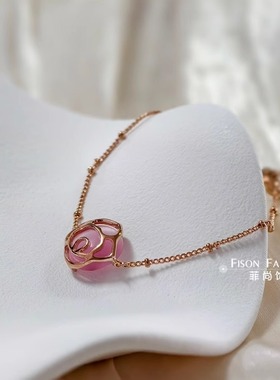 日韩甜美少女粉红色猫眼石茶花手链女士精致优雅镂空玫瑰花手饰品