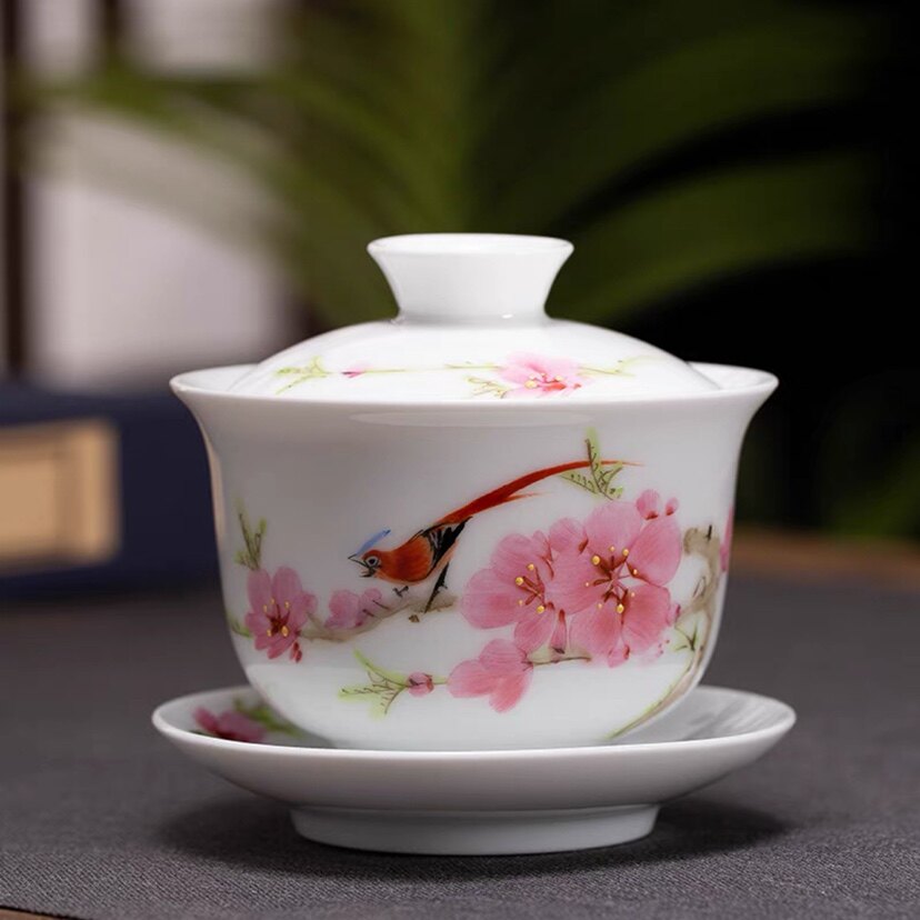 白瓷 7501官窑 毛瓷手绘水点桃花大号三才盖碗 茶杯 泡茶碗