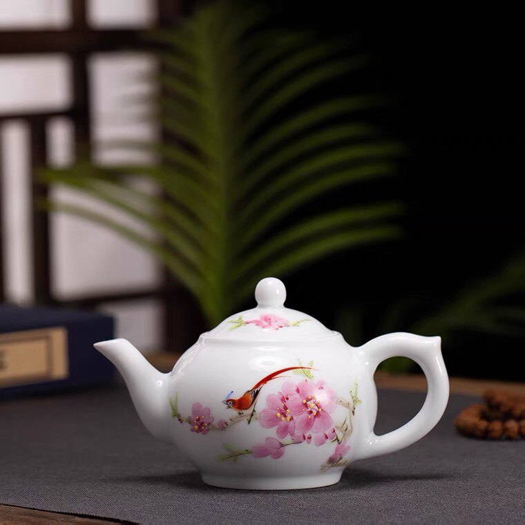 7501毛瓷官窑手绘水点桃花壶陶瓷茶壶中式白瓷功夫茶具
