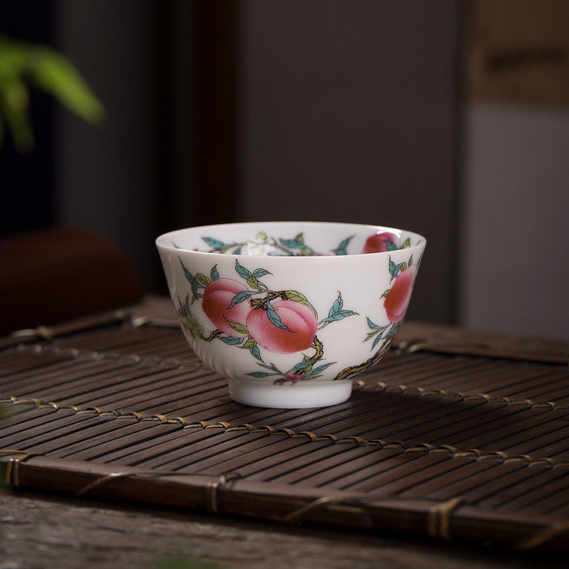 景德镇主人杯茶前过枝九桃杯贺寿寿桃品茗杯陶瓷茶杯院巷压手杯