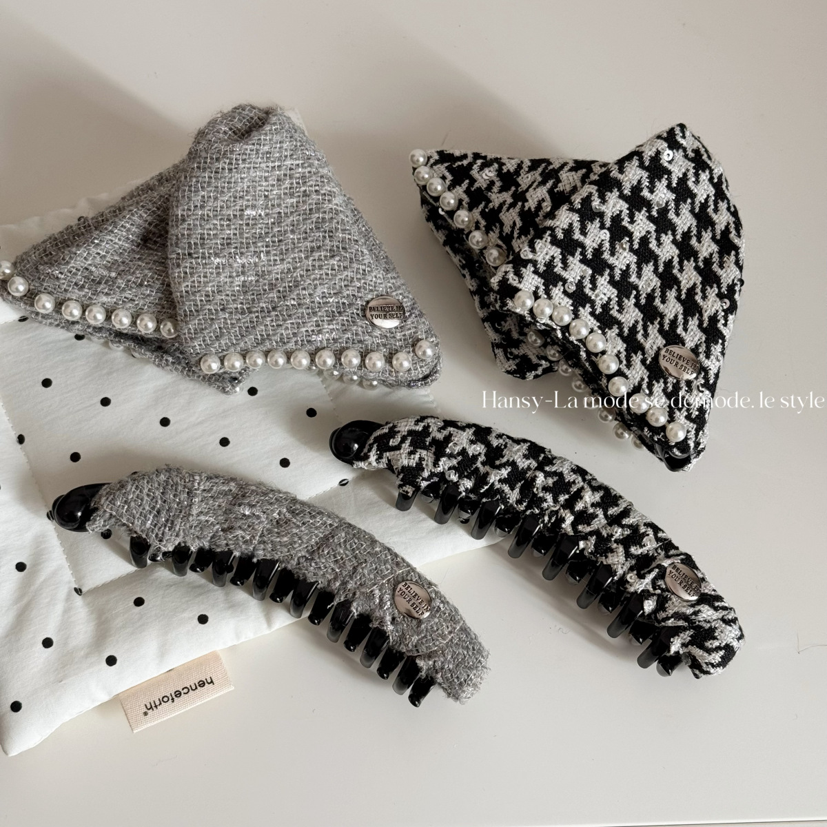 黑白小香风千鸟格三角抓夹盘发鲨鱼夹发卡大号发夹女后脑勺发饰