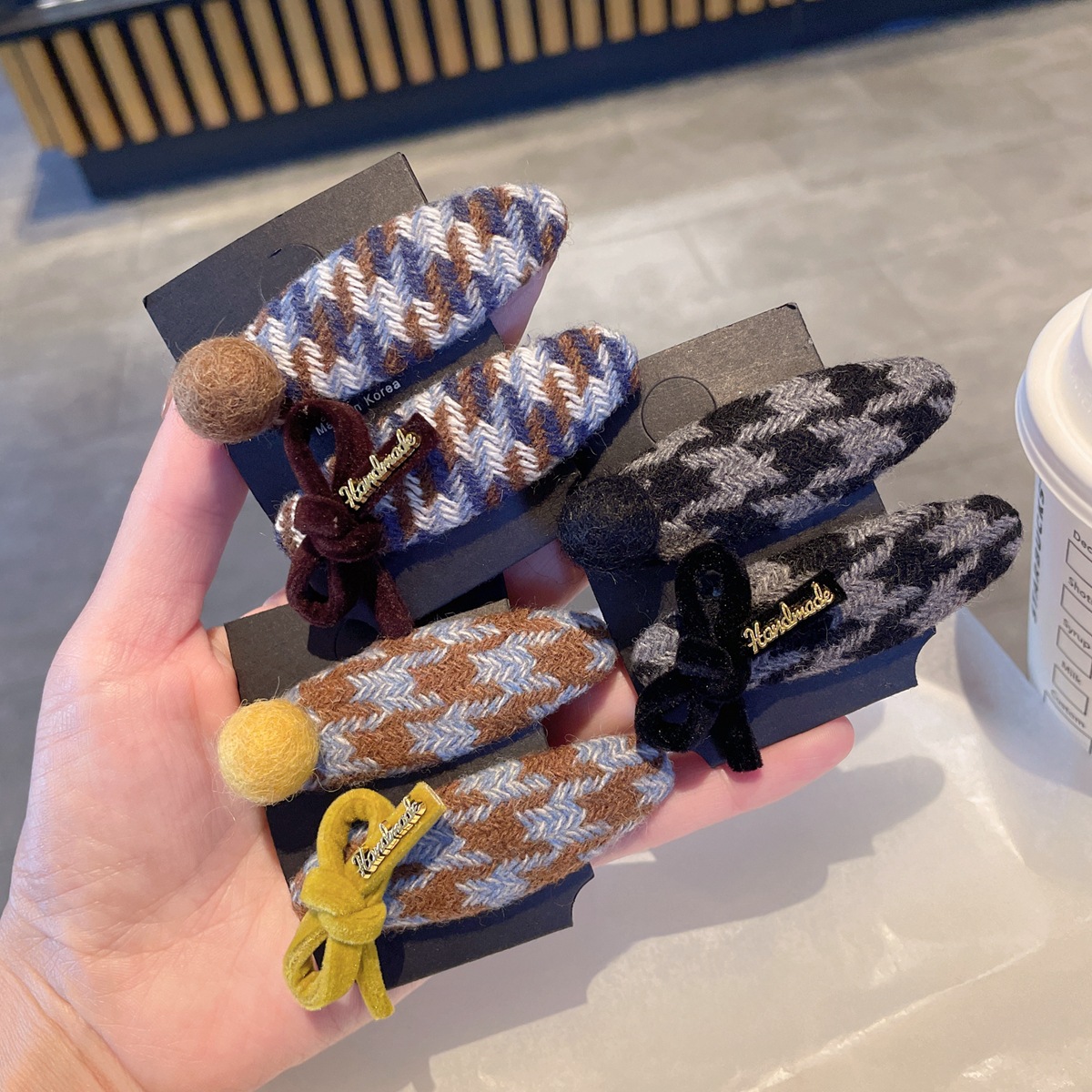 千鸟格毛线布艺发夹格纹侧边夹甜美椭圆刘海夹前额碎发BB夹发卡