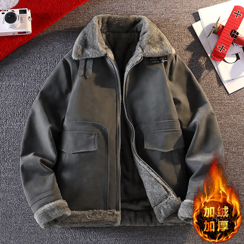 皮毛一体皮衣男士外套2025冬季新款加绒加厚PU皮夹克翻领工装夹克