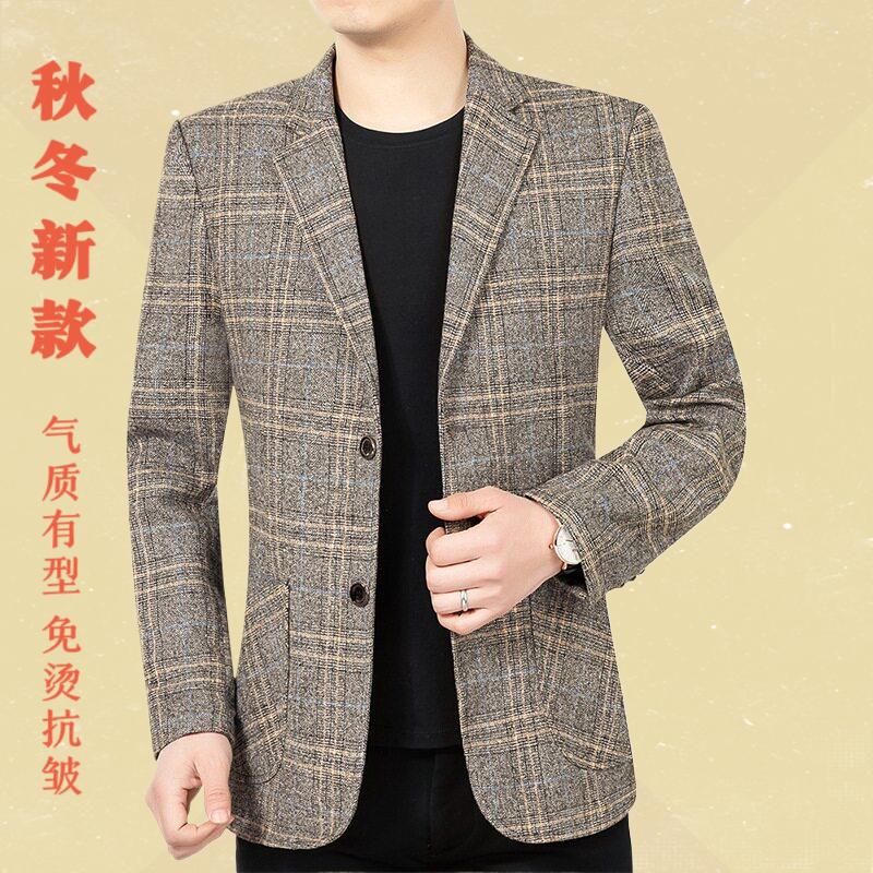 中年男士西装外套2026春秋季新款休闲上衣服爸爸装单件格子西服男
