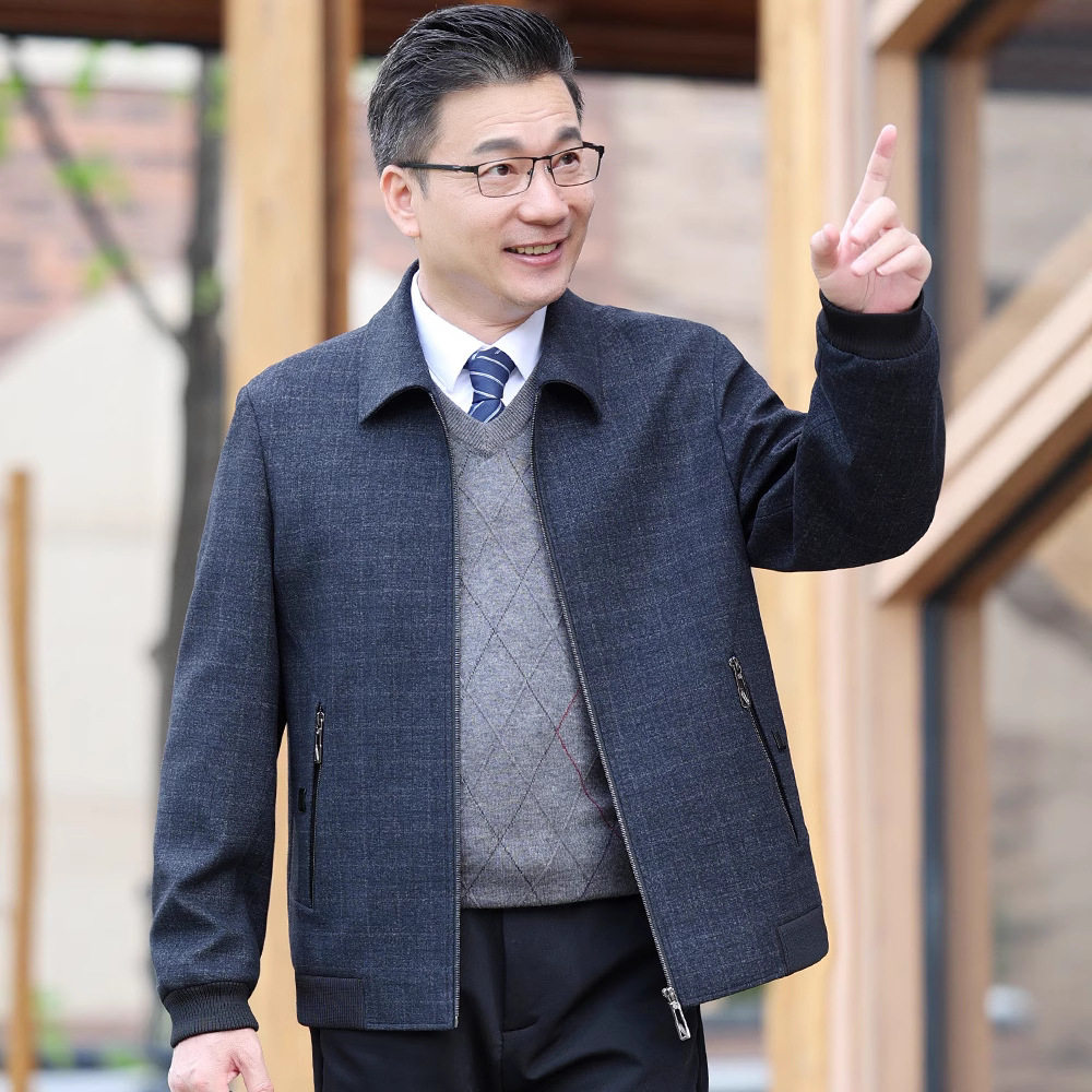 翻领中老年外套男2024开衫夹克翻领夹克衫纯色厚款中年爸爸上衣