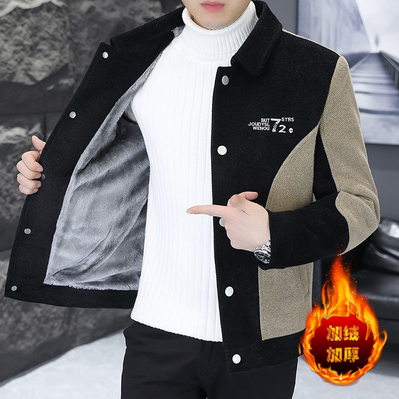 秋冬季金貂绒夹克男加绒加厚高级感潮流短款风衣冬装毛呢大衣外套