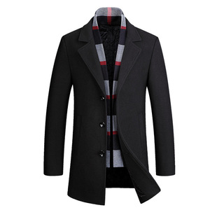 2019秋冬新款速卖通男翻领青年休闲带围巾西装领毛呢大衣呢子外套