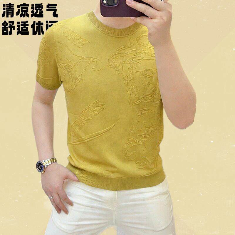 夏季男士短袖针织毛衣冰丝潮流透气T恤凉感修身显瘦休闲百搭半袖