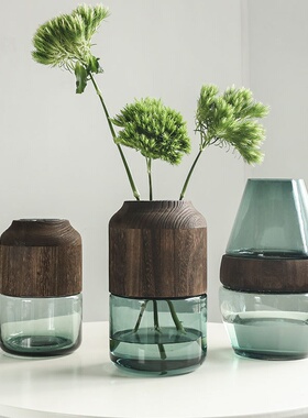 北欧ins风原木透明玻璃花瓶客厅插花摆件设计师家居酒店板房装饰