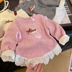 女童打底衫内搭秋冬季加绒加厚儿童中领一体绒蕾丝花边宝宝保暖衣