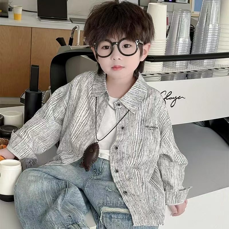 男童衬衫外套春秋季2026新款儿童纯棉衬衣男宝宝条纹外穿长袖上衣图片