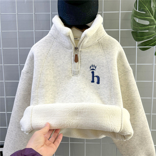 男童加绒卫衣2025新款冬季儿童半拉链加厚高领中大童内搭保暖上衣