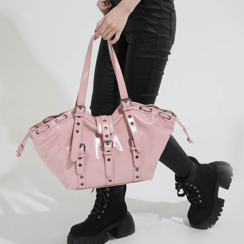甜酷辣妹包摇滚风粉色铆钉托特包女手提包大容量机能包休闲单肩包