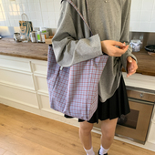 小清新格子帆布袋韩国慵懒风学生上课包大容量休闲单肩包女布袋包
