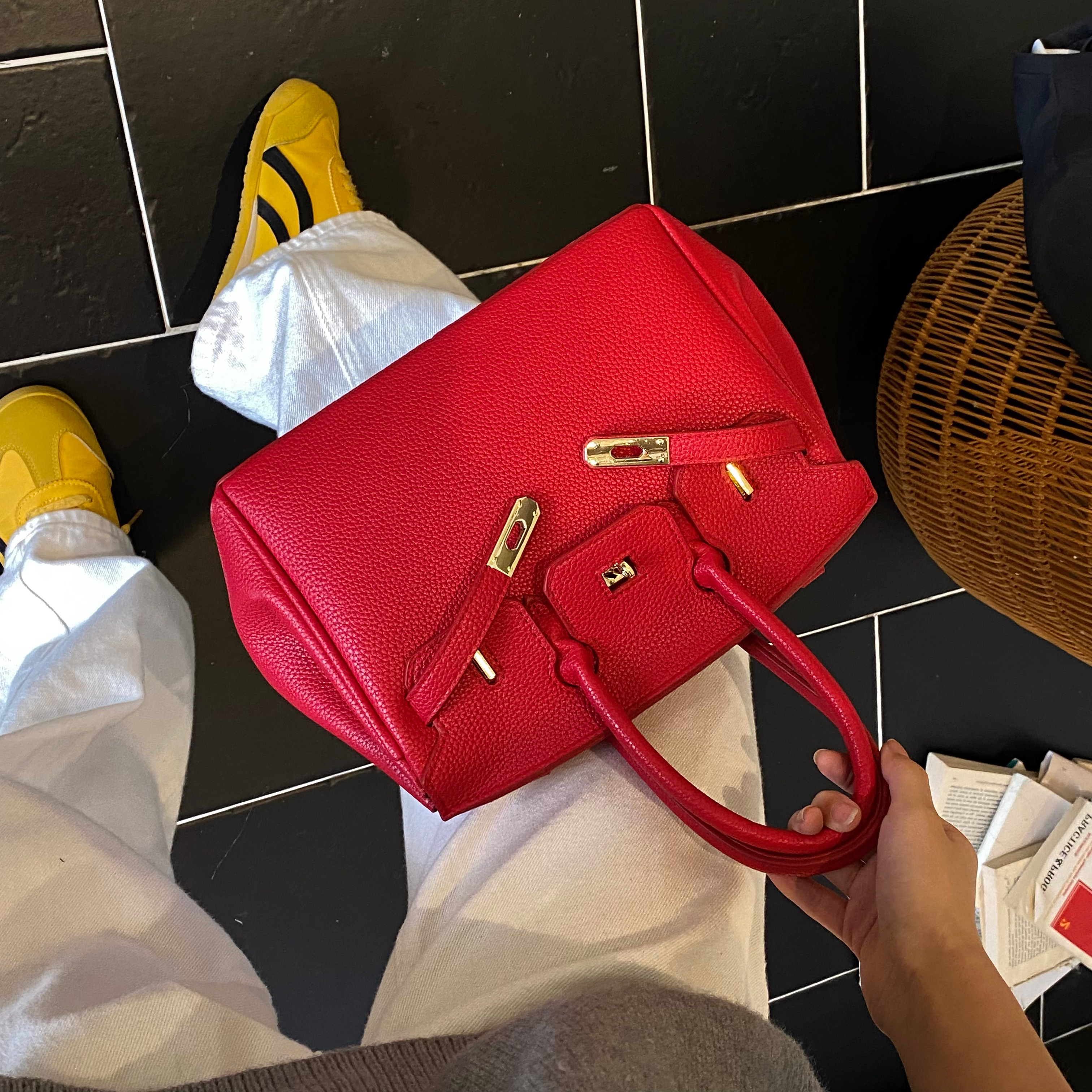 荔枝纹铂金包2025新款时尚女包手提包大容量红色婚包新娘包斜挎包