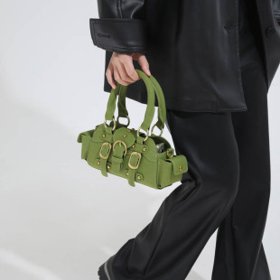 高颜值绿色小包包女小众机车包女百搭金属扣手提包潮流时尚 斜挎包