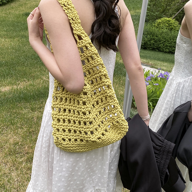 韩国慵懒风大容量通勤编织包包女新款镂空针织包松弛感网格沙滩包