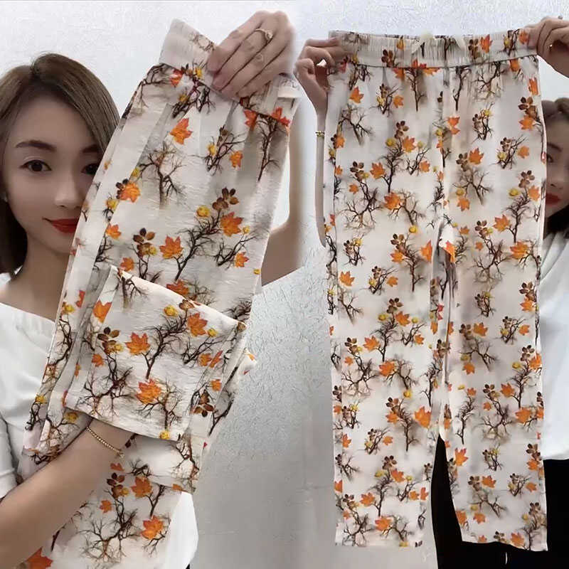 夏季彩色休闲裤女2024新款花色宽松显瘦直筒裤薄款棉麻九分哈伦裤