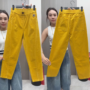 黄色灯芯绒哈伦裤女秋冬新款松紧高腰显瘦休闲时尚条绒九分萝卜裤