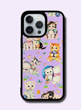 小众16超火紫色猫咪乐园15plus防摔手机壳13mini背板金属细闪铝片14/12潮xr/78p/xsmax/11