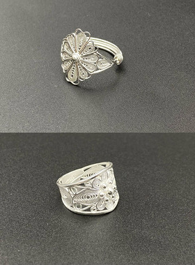 少数民族时尚简约款花卉女戒99足银复古民族风花丝镂空活口指环