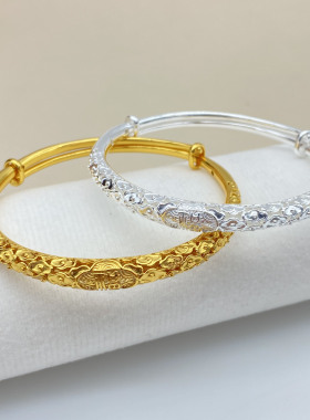 银笙歌复古风女足银镀金祥云手镯