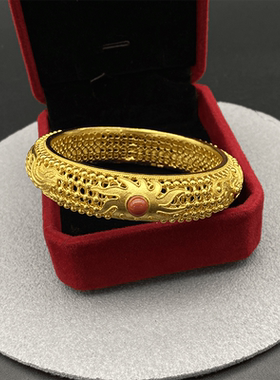 纯银花丝镂空手镯龙凤呈祥镶嵌南红国风婚庆银镀金手环送婆婆女友