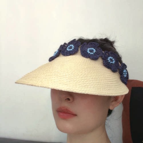 成品手工编织法式草帽立体花朵针织帽度假风遮阳帽时髦单品