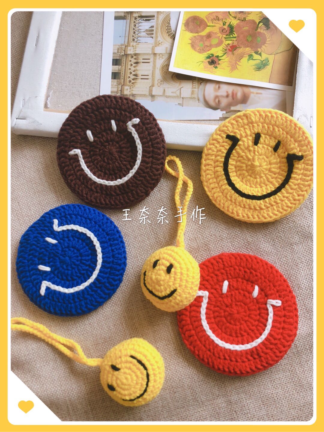 【成品】圆形笑脸杯垫手工毛线编织加厚彩色表情smile颜色可定制