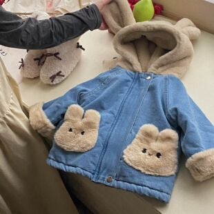 女童牛仔外套2025冬季新款儿童加绒加厚女孩兔子连帽夹棉保暖棉衣