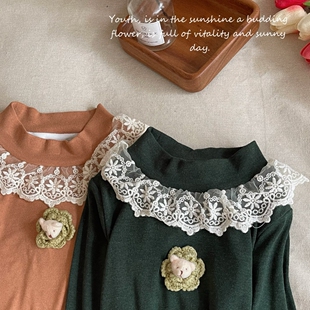 女童打底衫春秋新款童装洋气小熊花边圆领长袖上衣8721