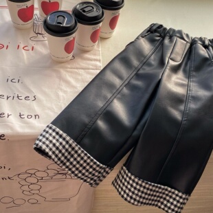 女童长裤2025冬季新款童装韩版潮格子拼接女宝加绒裤子直筒裤