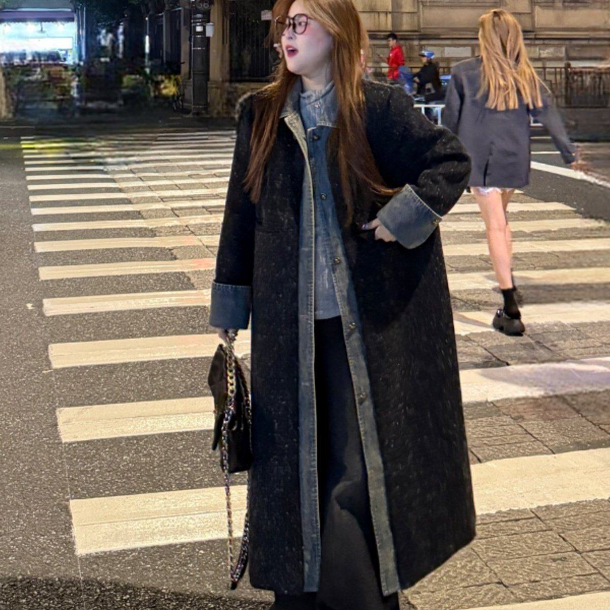 南岛风大码女装遮肚子毛毛拼接牛仔毛呢外套秋冬宽松显瘦大衣