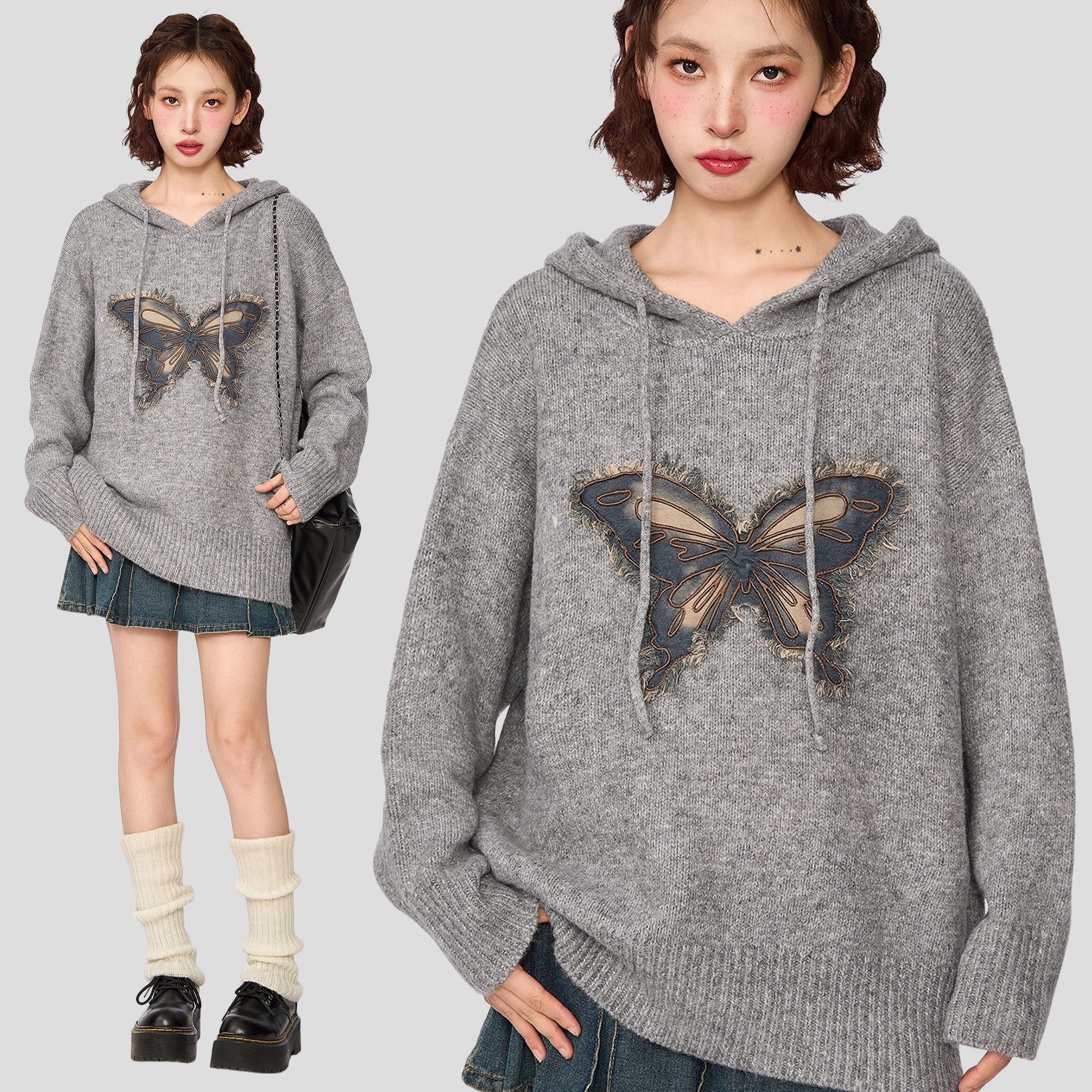 灰色蝴蝶连帽针织衫女2025秋冬羊毛毛衣慵懒风长袖上衣YN