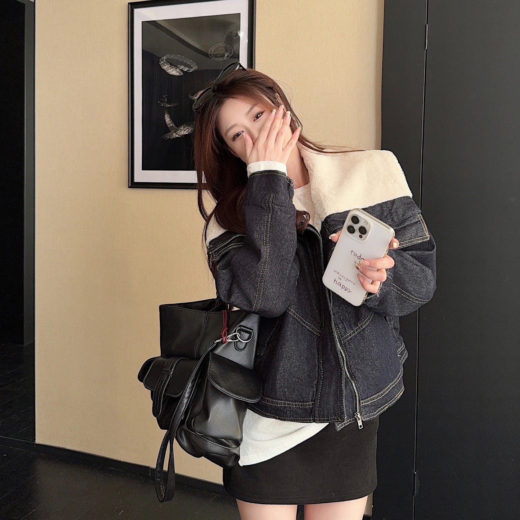 实拍实价 羊羔毛娃娃领牛仔外套冬季美式炸街小个子短款加厚棉服