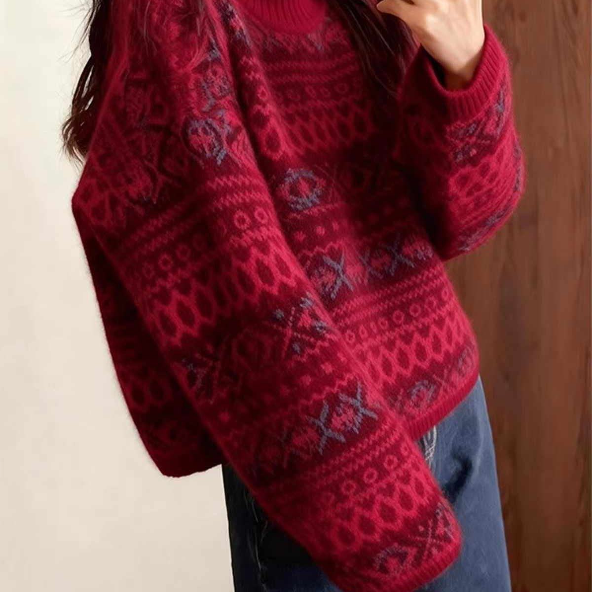 圣诞穿搭红色半高领提花毛衣女秋冬宽松慵懒松弛感套头针织衫上衣