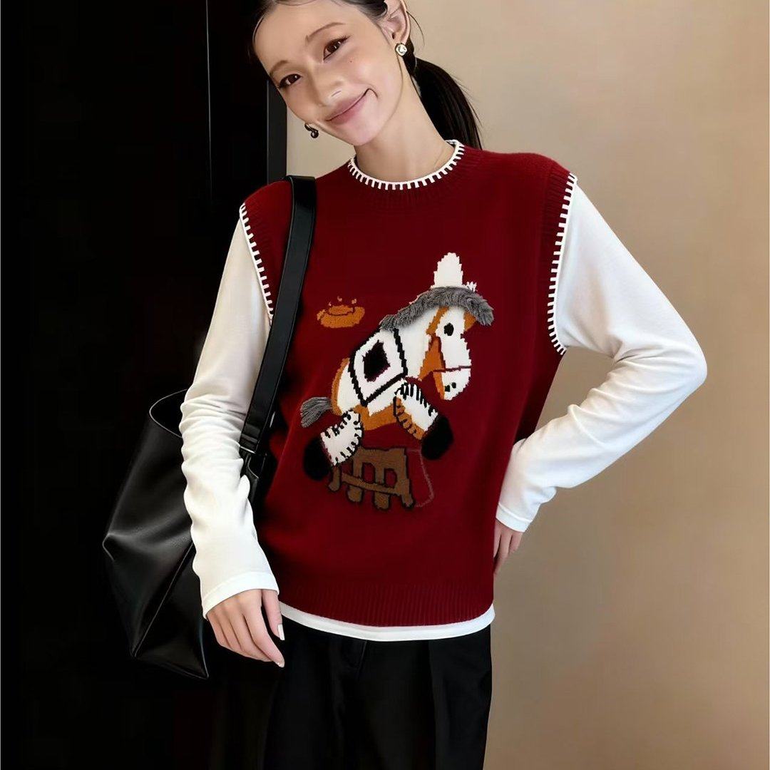 卡通风小马图案针织马甲女2026年春季圆领套头宽松红色外穿上衣潮