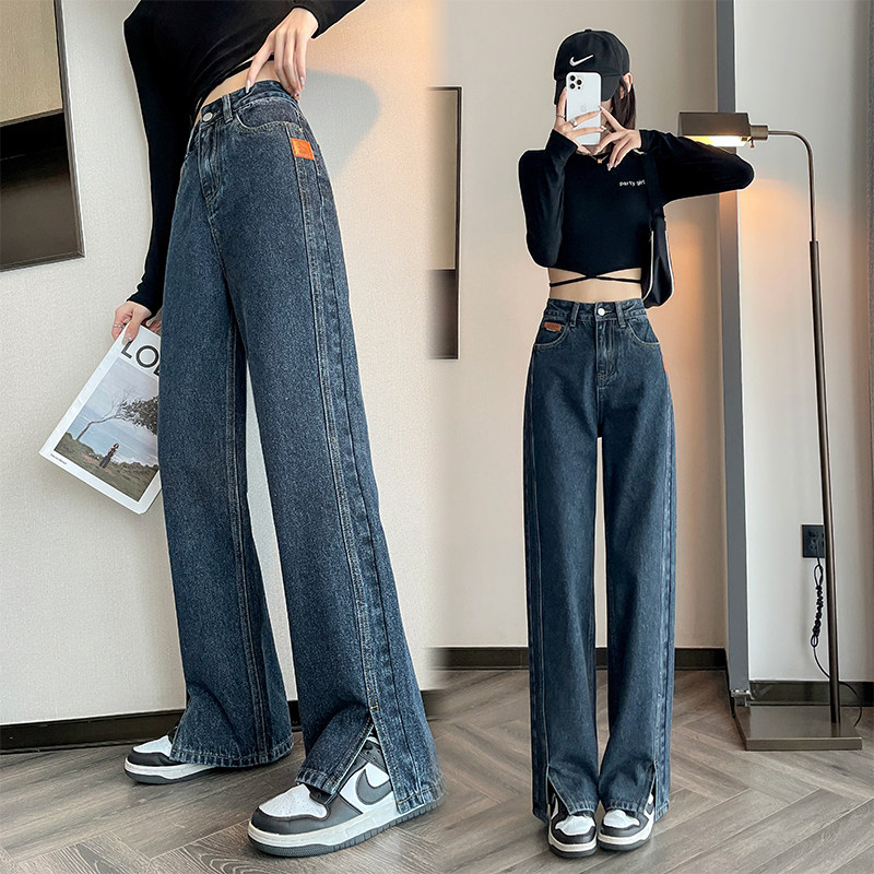 小个子美式蓝灰色水洗阔腿牛仔裤女秋季新款高腰宽松直筒裤