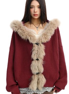 BIGGOLD红色战袍狐狸毛领拼接连帽毛衣女秋冬慵懒新年针织衫外套
