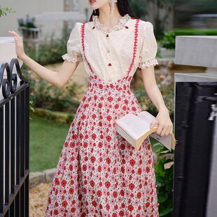 法式玫瑰花刺绣衬衫仙气碎花背带半身裙套装两件套气质