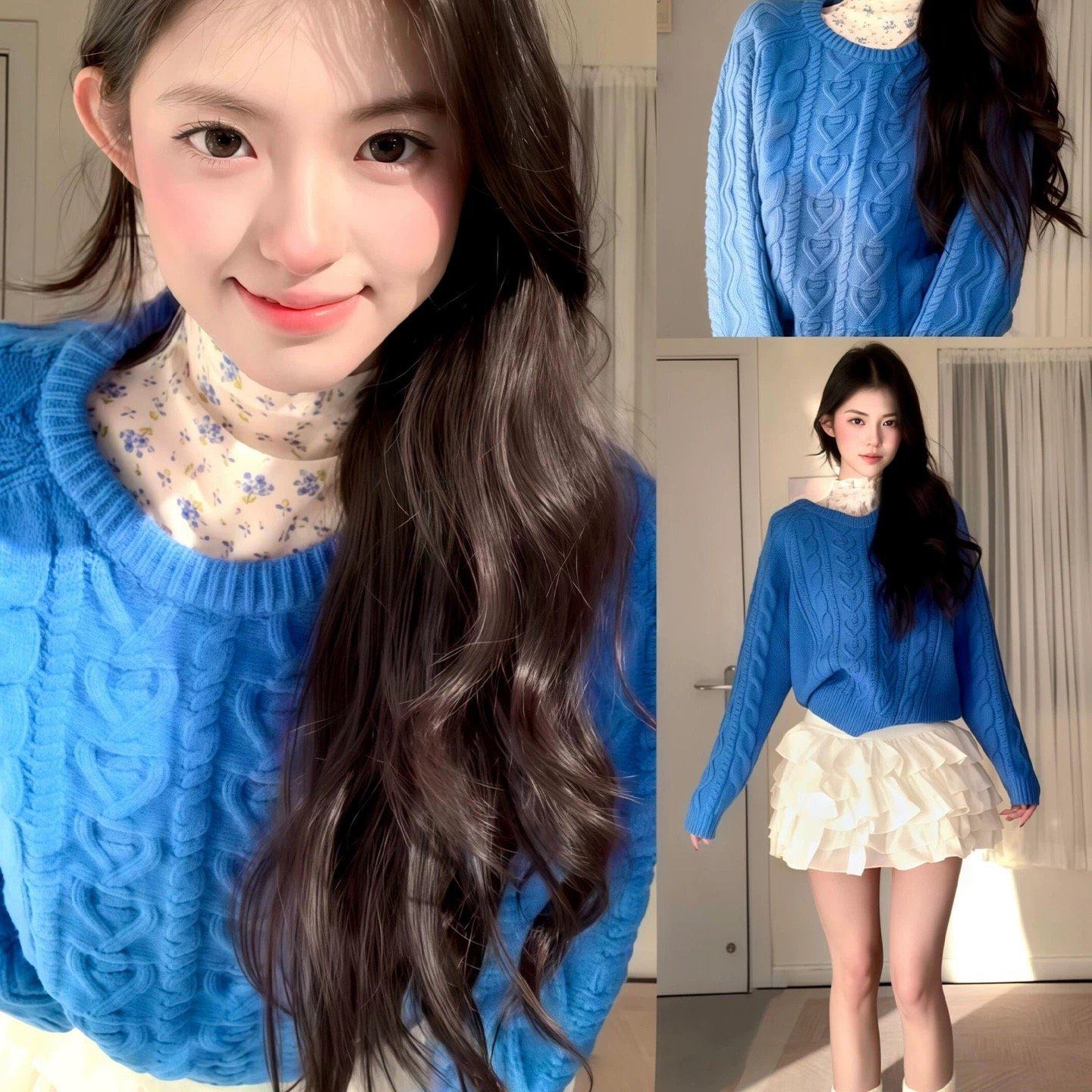 蓝色圆领麻花毛衣女秋冬季新款宽松慵懒高级感可外穿内搭上衣套装,女装/女士精品,毛衣,淘宝优惠券,粉丝福利购,淘宝优惠卷
