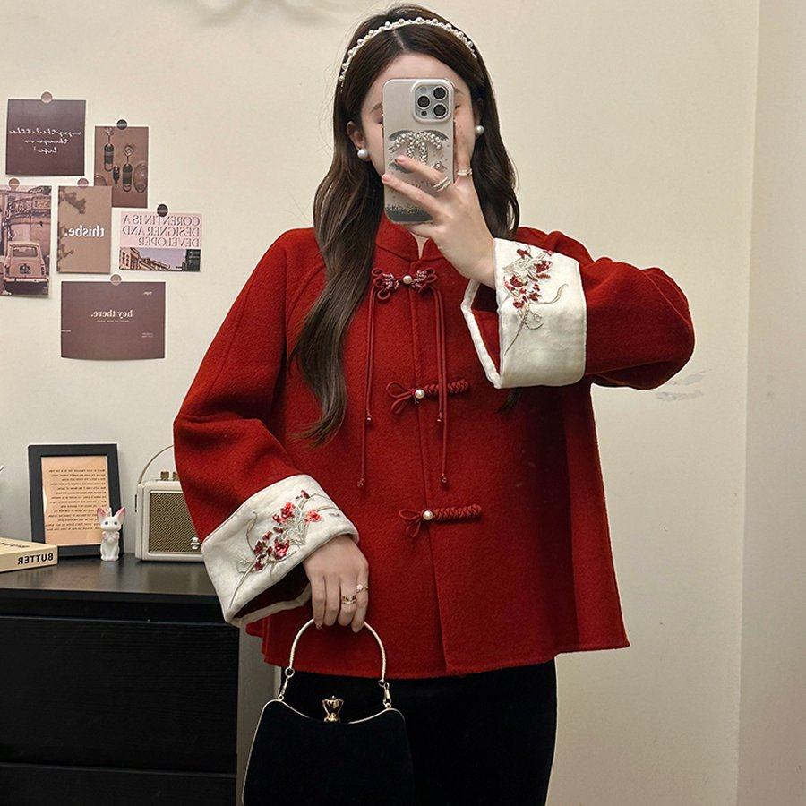 实拍大码女装新中式红色盘扣毛呢外套黑色显瘦半身裙两件套,女装/女士精品,大码套装,淘宝优惠券,粉丝福利购,淘宝优惠卷