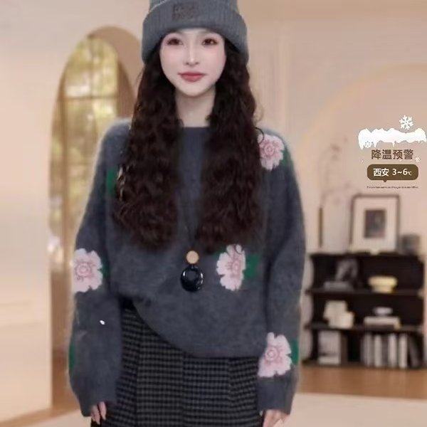 圆领套头花朵毛衣女秋冬季新款慵懒风长袖针织衫9208