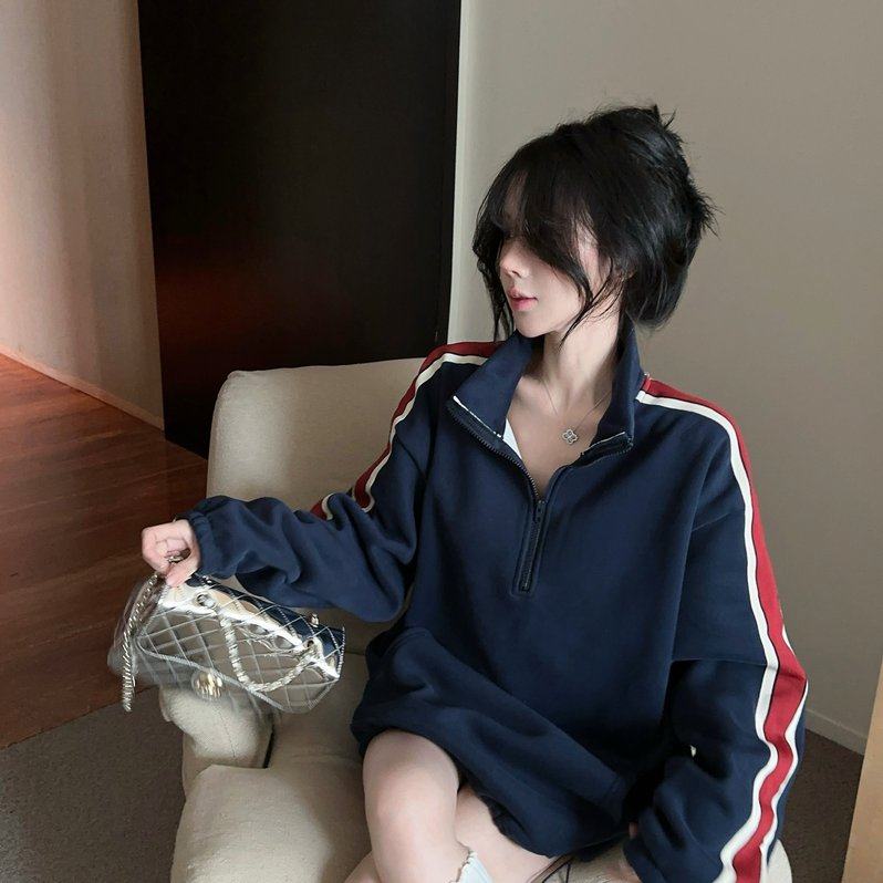 实拍实价  秋韩国加绒加厚卫衣半拉链设计款宽松显瘦上衣绒卫衣女