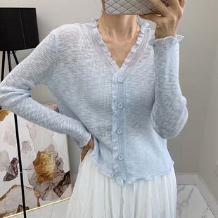 防晒罩衫 木耳边v领蓝色针织开衫 夏喇叭袖 短款 上衣 冰丝外套女薄款