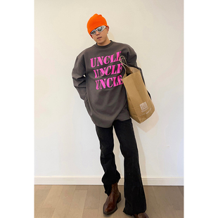 GWHEN 重磅410克高克重灰色男士宽松粉色印花长袖T恤 男女